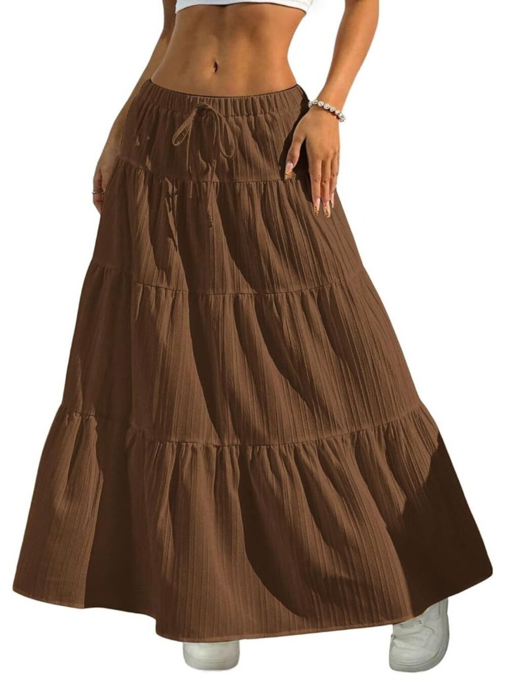 Women's Boho Flowy Brown Maxi Skirt Flared Ruffle A Line Spring Long Skirts